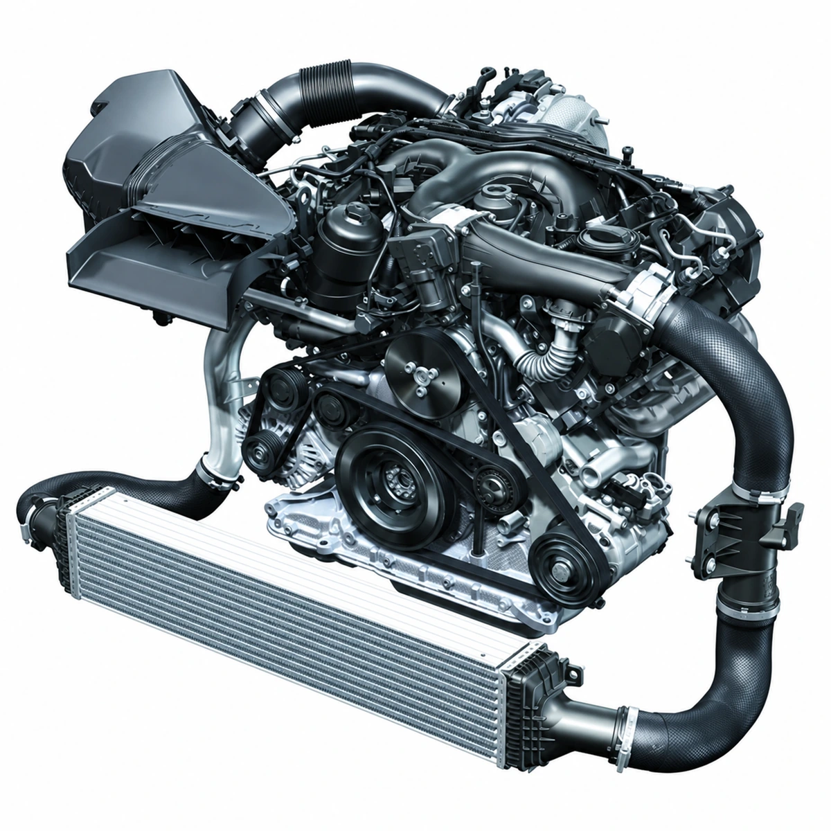 EA897 3.0 V6 TDI engine with intake pipework and front intercooler