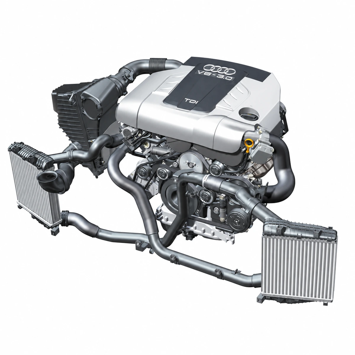 EA896 3.0 V6 TDI engine with twin intercoolers on a white background