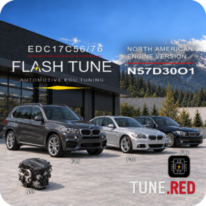 Tune.Red BMW N57 EDC17C56/76 diesel tune artwork with F15 X5, F10 535d and F02 740Ld in an alpine performance workshop courtyard.