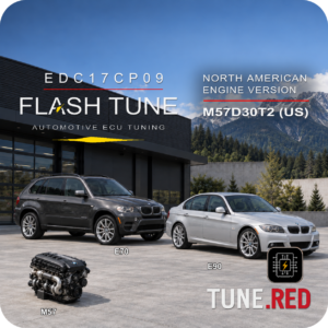 Tune.Red BMW M57 EDC17CP09 diesel tune product image with E70 X5 xDrive35d and E90 335d in an alpine performance workshop setting