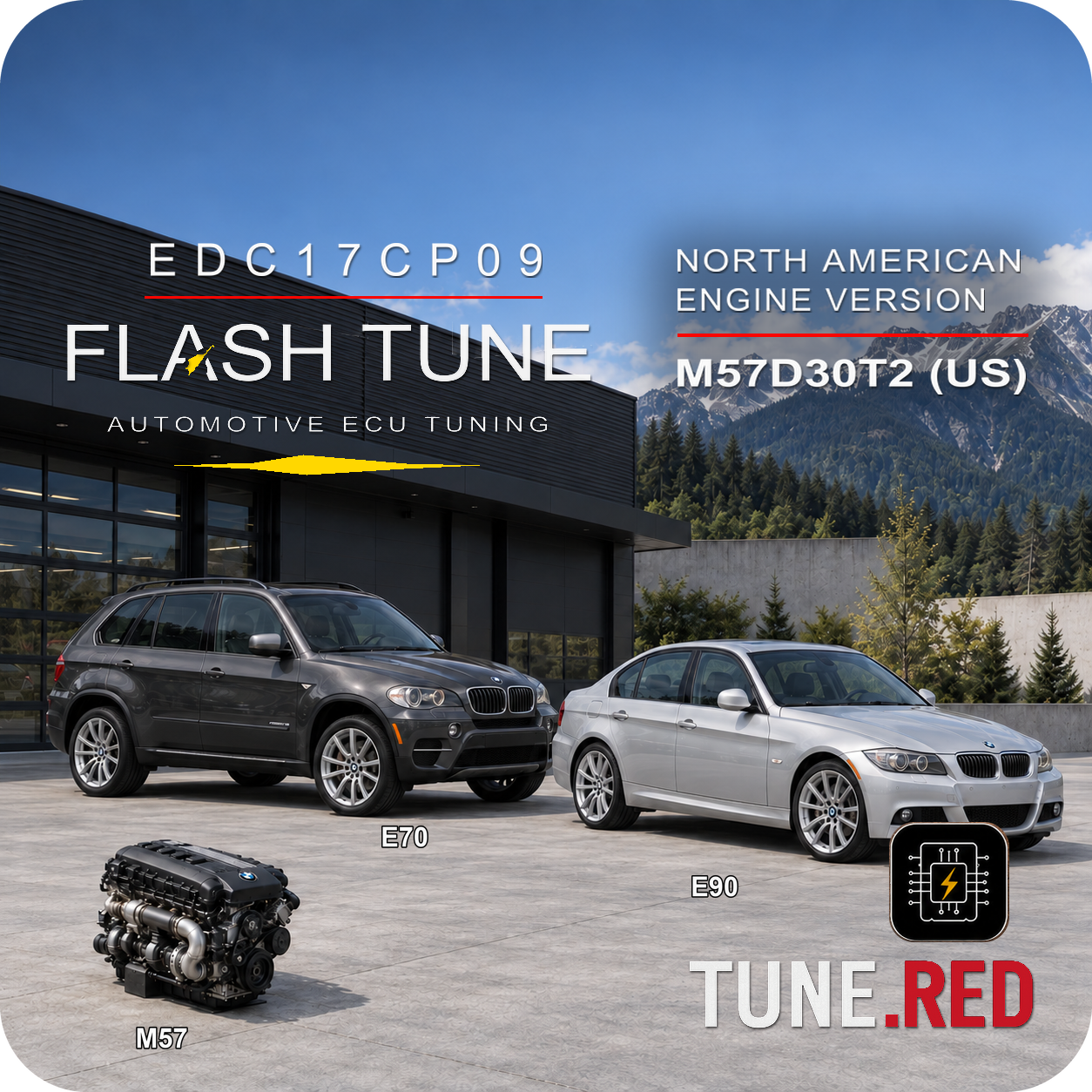 Tune.Red BMW M57 EDC17CP09 diesel tune product image with E70 X5 xDrive35d and E90 335d in an alpine performance workshop setting