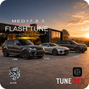 Tune.Red MED17.8.3 AJ126 tuning artwork with Range Rover Sport L494, Jaguar F-TYPE X152 and Range Rover Velar L560 on the JLR backdrop, with the AJ126 supercharged V6 engine.